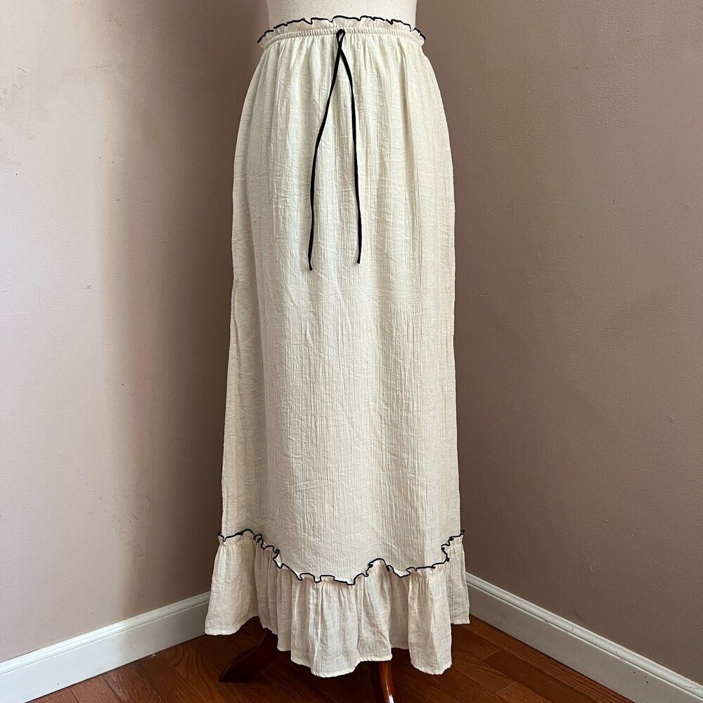 Cottagecore Thirty Thirty Cream Boho Maxi Skirt Ruffle Hem Prairie Romantic S‎